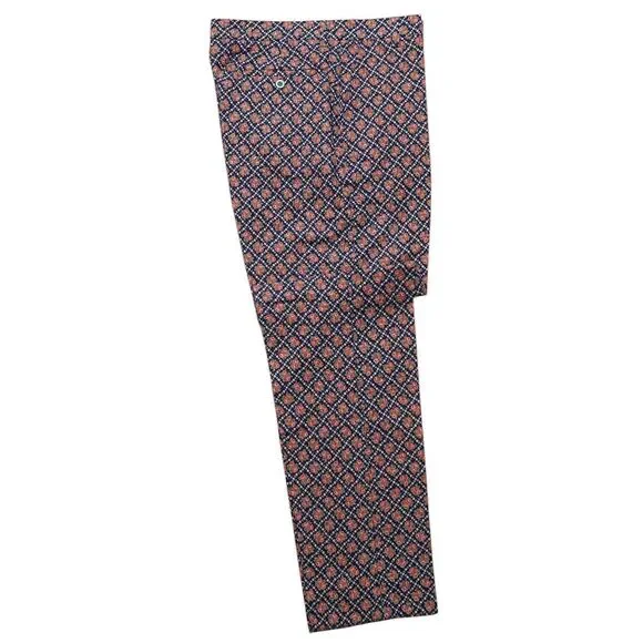Mens 34 Floral Pants Blue Orange Cotton Geometric Flat Front Straight Trousers